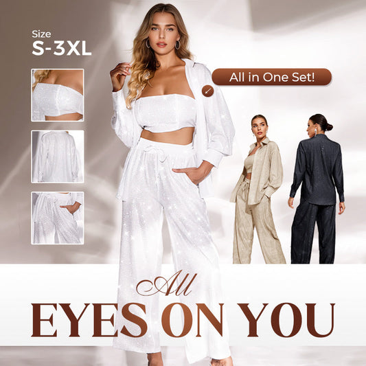 ✨Paljettblazer och vida byxor för kvinnor (3-delat set)