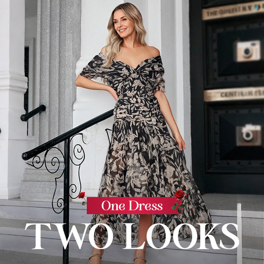 🌸 V-ringad klänning med tryck och axelband för kvinnor