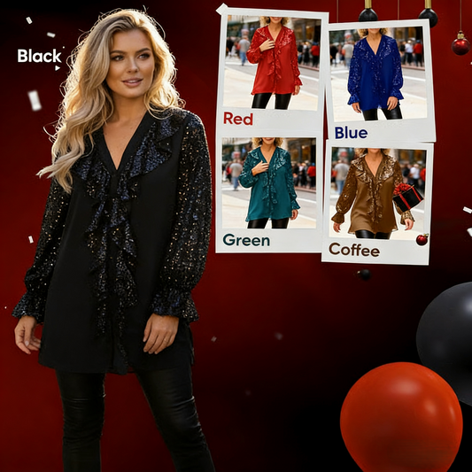 🎅 JULREA✨Damtröja med V-ringning, chiffong och paljetter, långärmad🎁