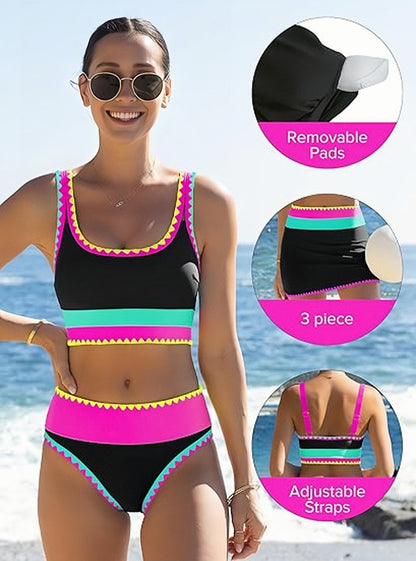 🔥🎁Nyhet 55% RABATT🔥🌼 Färgblockerad Sportig 3-delars Bikiniset i Nylon – Högmidja med Magekontroll 👙
