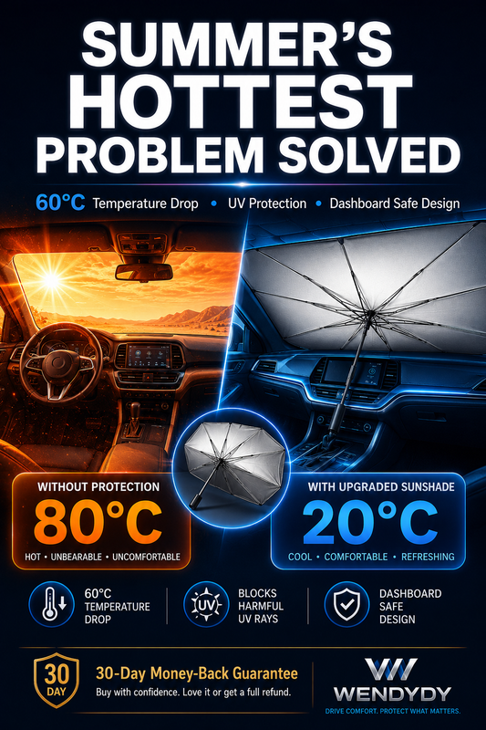 ☀️ 50% RABATT NU!🚗 Sammenlegbart Bilvinduskyld – Blokkerer UV & Varme – Beskytter Dashbord & Interiør 🛡️