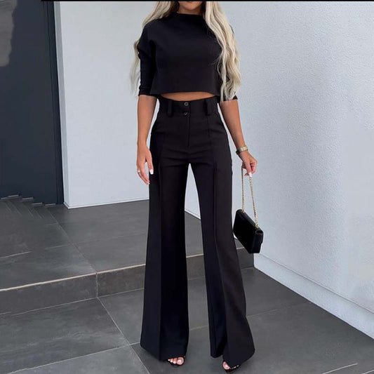 ✨Elegant set med crop top och byxor med vida ben för kvinnor