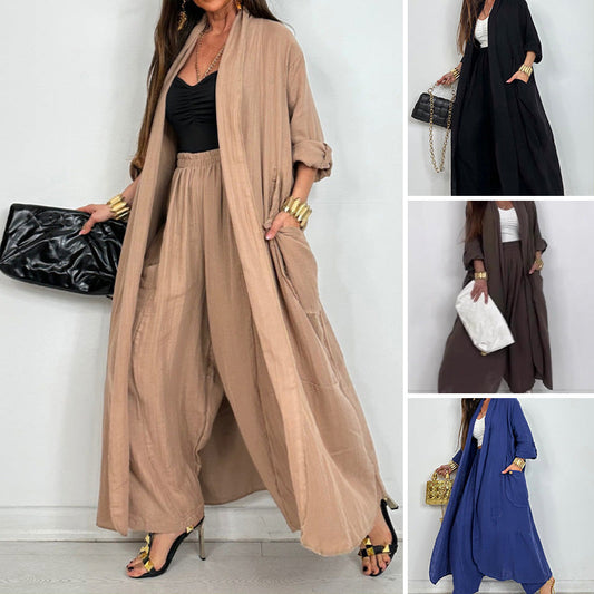 Damen Casual Strickjacke Weites Bein Hosen 2 Stück Set