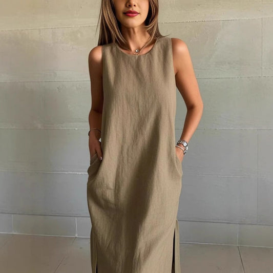 Ärmelloses, einfarbiges Kleid aus Baumwollleinen mit Schlitz