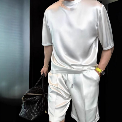 🏆Flash Sale⚡🔥Högkvalitativ herr Mercerized Cotton Casual Solid Color Top och Shorts Two-Piece Set【Lös passform, lämplig för alla tillfällen】