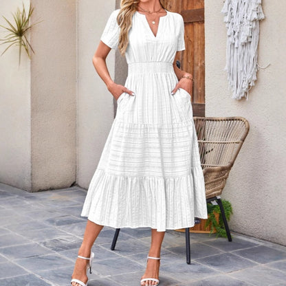 👗 Nyhet 53% RABATT 🎁 | Kortärmad V-ringad Långklänning – Flödande & Sommarchic