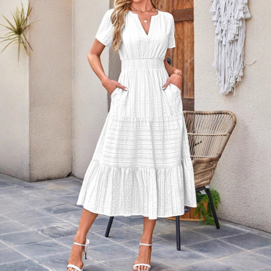 👗 Nyhet 53% RABATT 🎁 | Kortärmad V-ringad Långklänning – Flödande & Sommarchic
