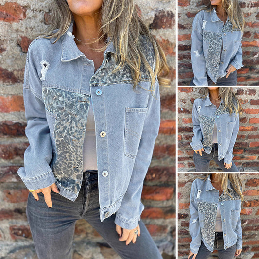 Moderna leopardmönstrade patchwork-jeansjacka