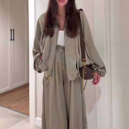 🔥Hot Sale: 50% RABATT🔥Löst sittande jacka med dragkedja och vida byxor