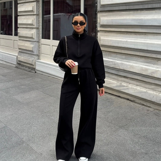 🔥Set med damtröja och byxor med dragkedja, avslappnad passform