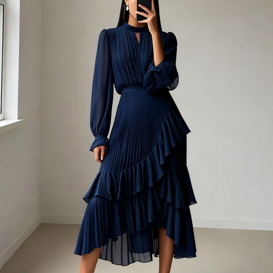 👗💕 57% RABATT! Begränsad Tid | Damernas Midi-klänning med Nyckelhålshals & Volangkant