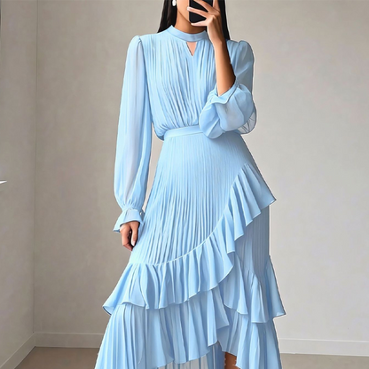 👗💕 57% RABATT! Begränsad Tid | Damernas Midi-klänning med Nyckelhålshals & Volangkant