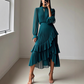 👗💕 57% RABATT! Begränsad Tid | Damernas Midi-klänning med Nyckelhålshals & Volangkant