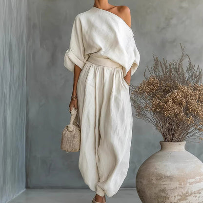 🎁NYHET 50% RABATT💥Asymmetriskt set med enaxlad topp och byxor för kvinnor