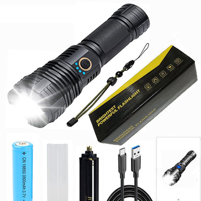 🔦 Tidsbegränsad 50 % rabatt! ✨ Superljus uppladdningsbar ficklampa – 25 W, vattentät, zoom, 7 lägen ⚡