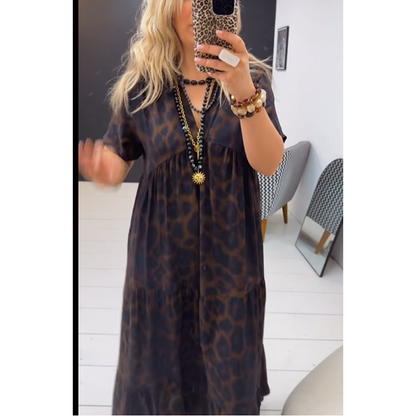 ⏰ 50 % rabatt! 🌸 Lång klänning med leopardmönster och v-ringning för dam – Ditt sommarmåste! ☀️🐆💃