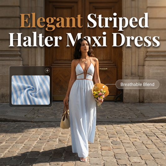 🔥Ny produktlansering✨Få 50 % rabatt nu!💖Women's Striped Halter Neck Maxi Dress