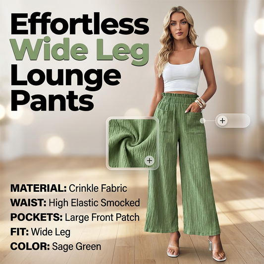 👖 56% RABATT NU!🌿 Dam Casual Enfärgad Löstsittande Byxor – Hög Midja Wide Leg & Skrynklig Textur – Bekväma Lounge Byxor ✨