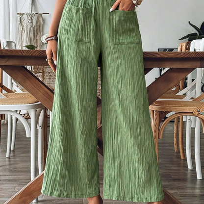 👖 56% RABATT NU!🌿 Dam Casual Enfärgad Löstsittande Byxor – Hög Midja Wide Leg & Skrynklig Textur – Bekväma Lounge Byxor ✨