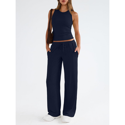 🔥🎁Nyhet 50 % RABATT🔥Set med ärmlös topp och högmidjade byxor för kvinnor, avslappnad stil