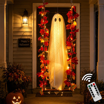 🔥🎁Nyhet 50 % RABATT🔥Hängande Halloween-spöke på Gunga med Fjärrkontroll LED och Lönnlöv