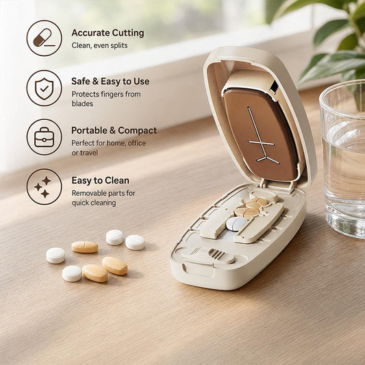 🛒Köp 2 få 1 gratis 💊 Bärbar tablettdelare (delar tabletter i två eller fyra delar), kompakt design, praktisk både på resan och hemma✨