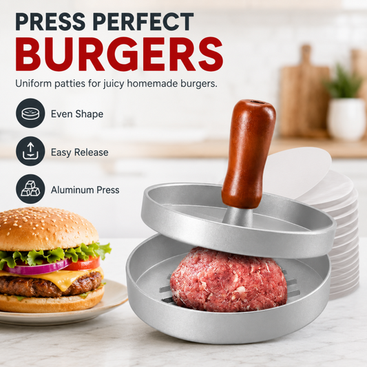 🍔 Få 50 % rabatt nu! Hamburgarpress i aluminiumlegering med trähandtag – gör det enkelt att forma jämna hamburgare som lätt lossnar; perfekt för grillning och vardagsmatlagning.