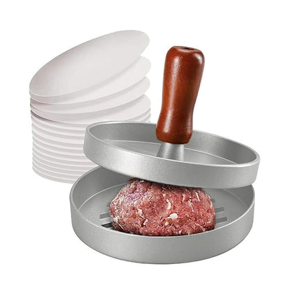🍔 Få 50 % rabatt nu! Hamburgarpress i aluminiumlegering med trähandtag – gör det enkelt att forma jämna hamburgare som lätt lossnar; perfekt för grillning och vardagsmatlagning.