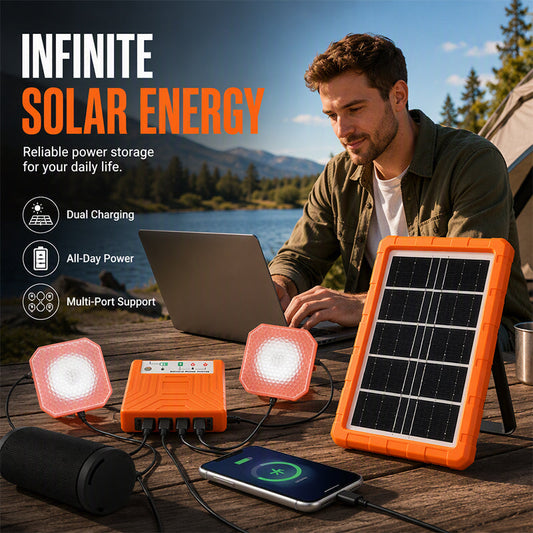 💥 50 % rabatt! ☀️ Bärbart solenergisystem – 4 W solpanel, 2400 mAh-batteri, stöd för Type-C/USB/DC-portar. Inkluderar 2 LED-lampor. Vattentåligt och stöttåligt. Perfekt för camping och nödsituationer 🛡️